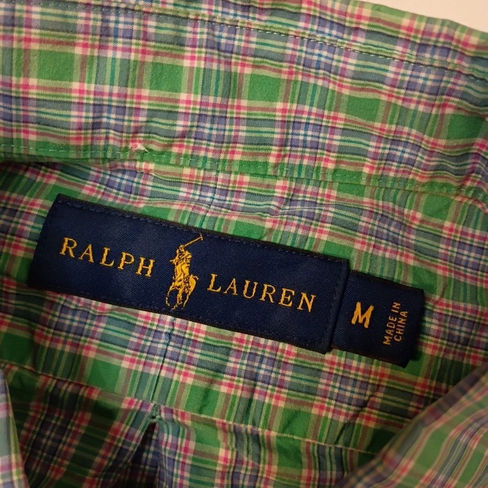Polo Ralph Lauren Shirt Men Medium Green Pink Plaid Button Down Long Sleeve Pony